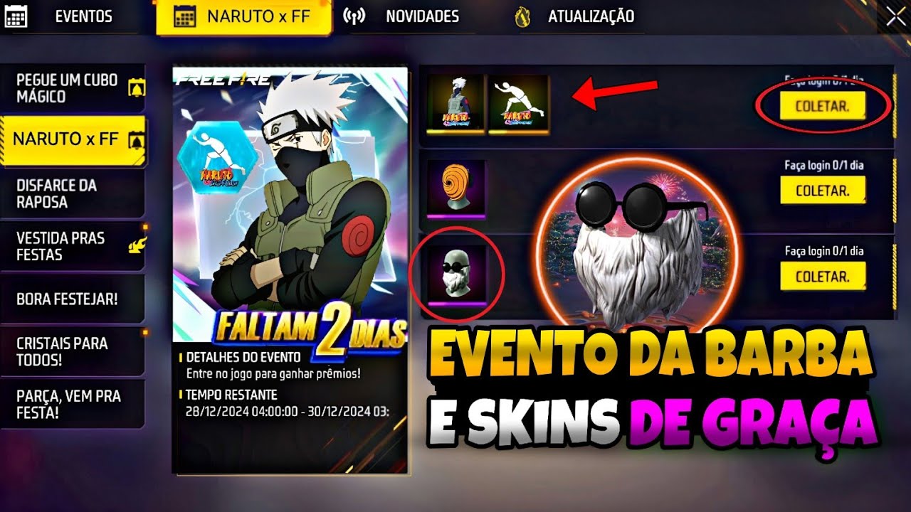 CORREE!! PEGUE A BARBINHA? SKINS DE GRAÇA, CONJUNTO KAKASHI E EMOTE MIL ANOS - NOVIDADES FREE FIRE